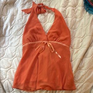 Vintage Sunset Orange Chiffon Halter Top with Satin Bow Detail
